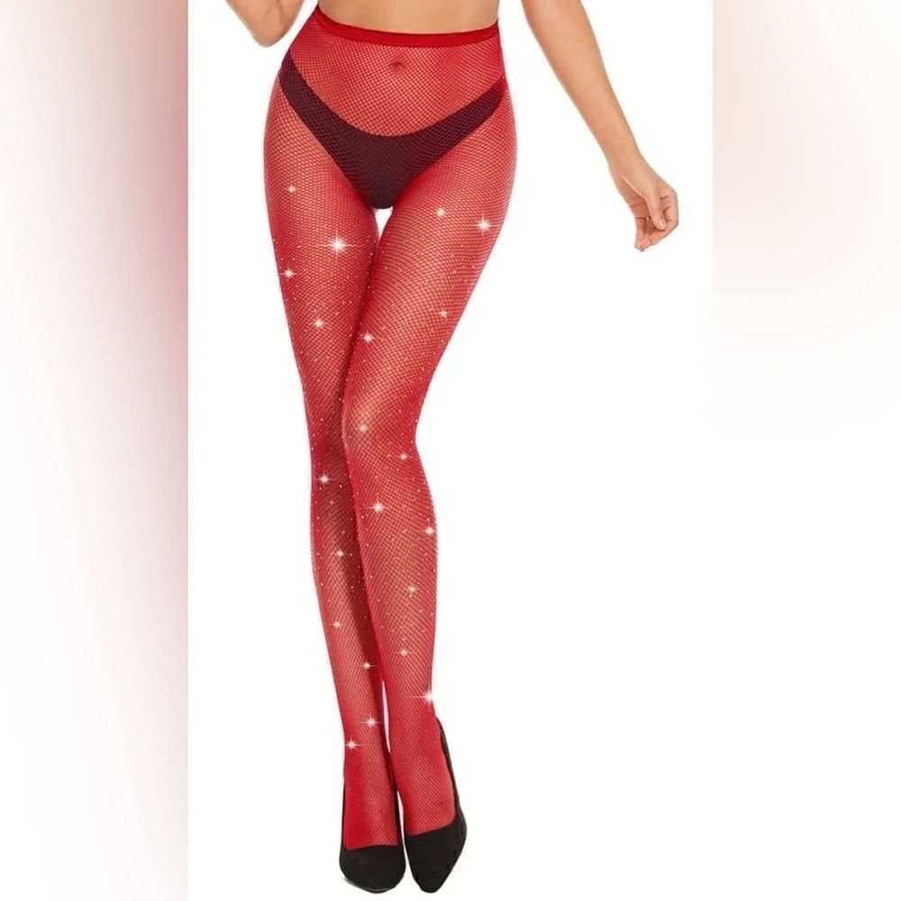 Red rhinestone hosiery fishnet stockings tights